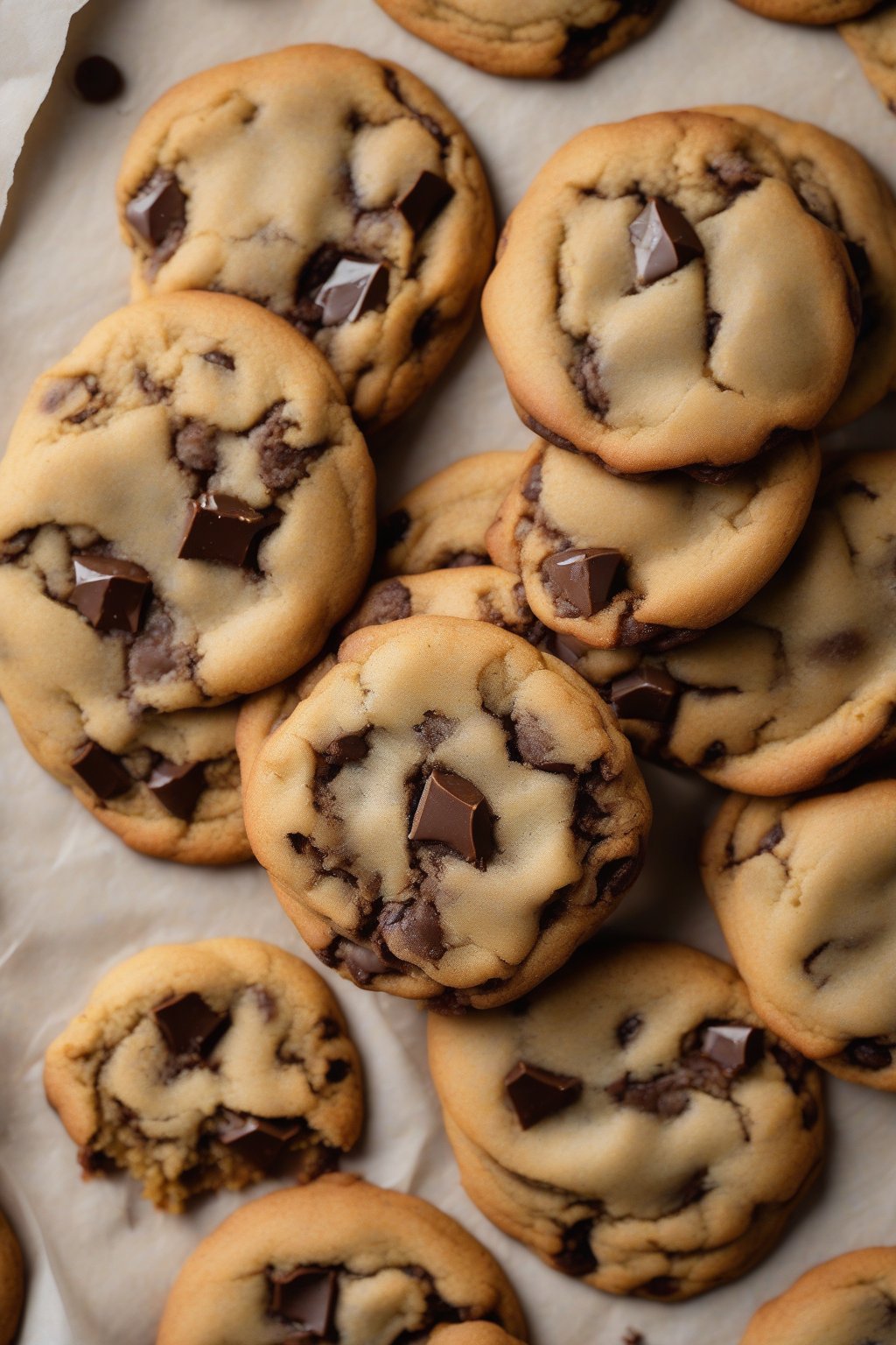 A high-resolution photo of brown butter soft chocolate chip cookies with caramelized edges and molten centers on parchment paper, under soft lighting.