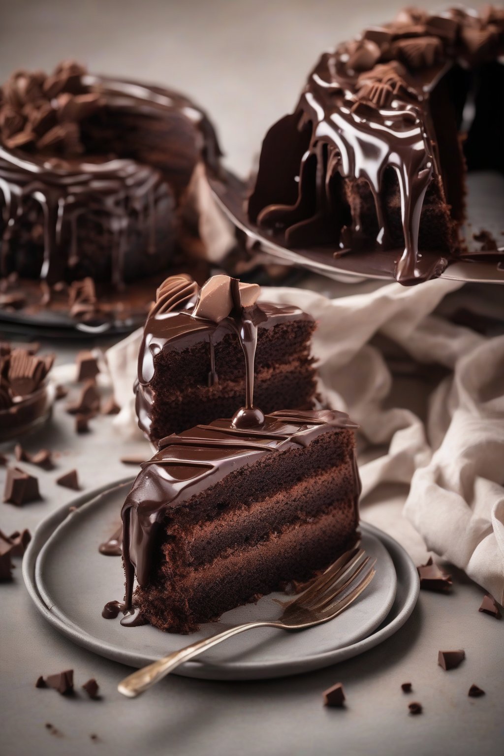A high-resolution photo of a glossy chocolate fudge cake drizzled with ganache, with a slice revealing dense, moist crumb, under soft lighting.