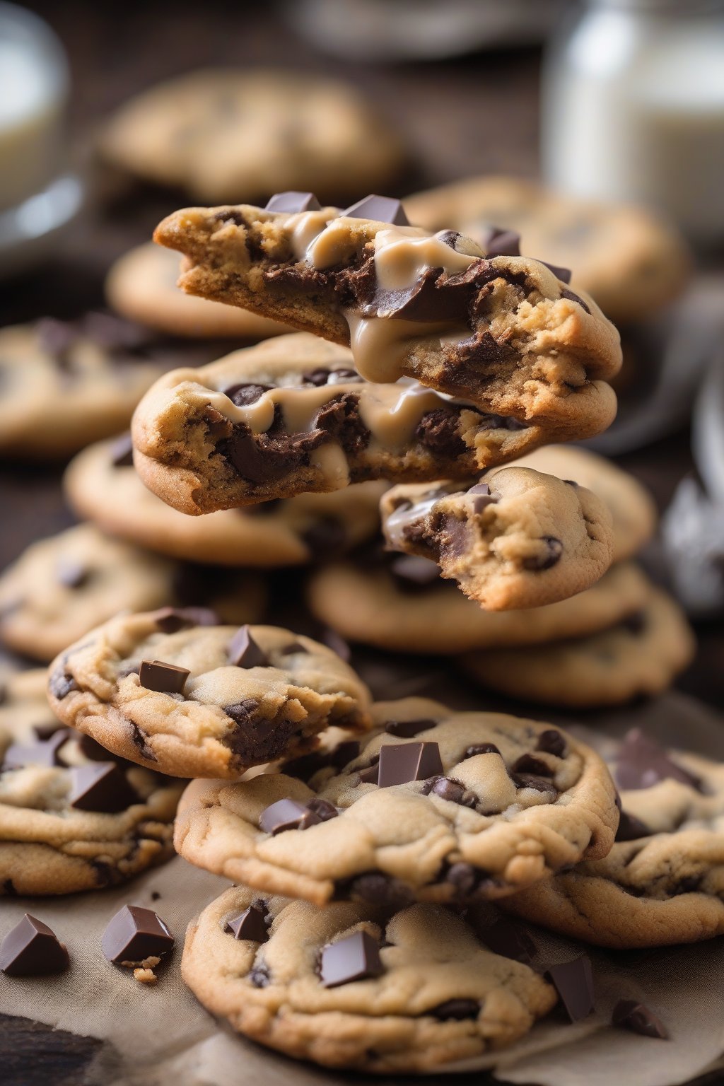 A high-resolution photo of peanut butter stuffed soft chocolate chip cookies cracked open to reveal creamy filling, on a rustic plate, under soft lighting.