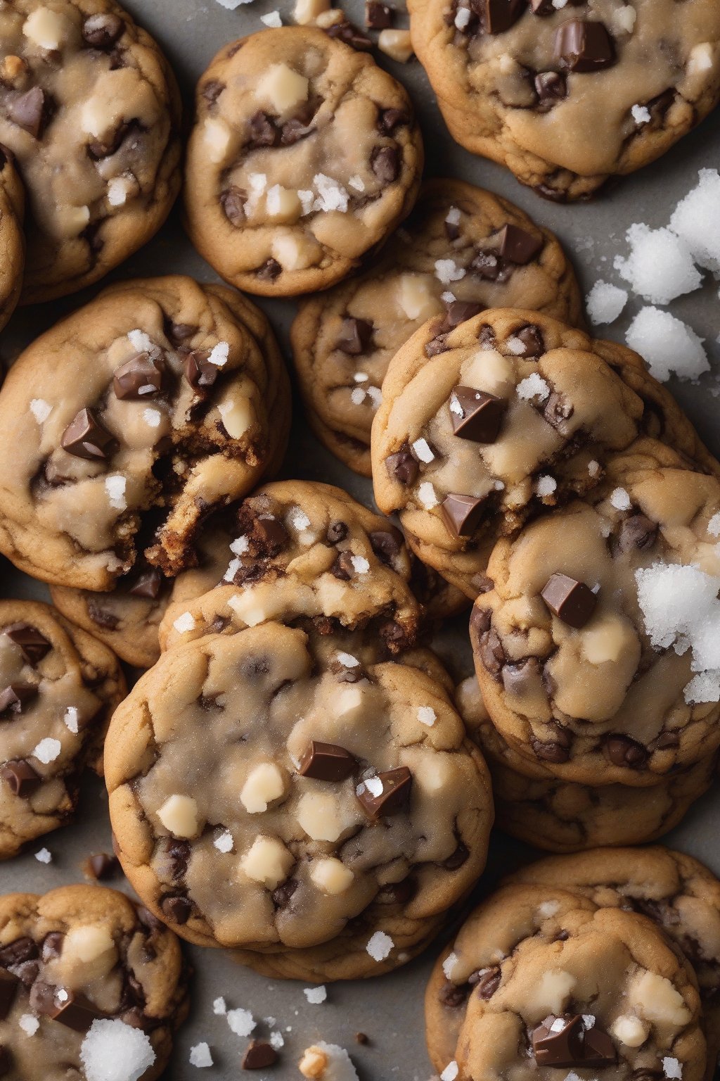 A high-resolution photo of sea salt toffee soft chocolate chip cookies with flaky salt crystals glistening, stacked high, under soft lighting.