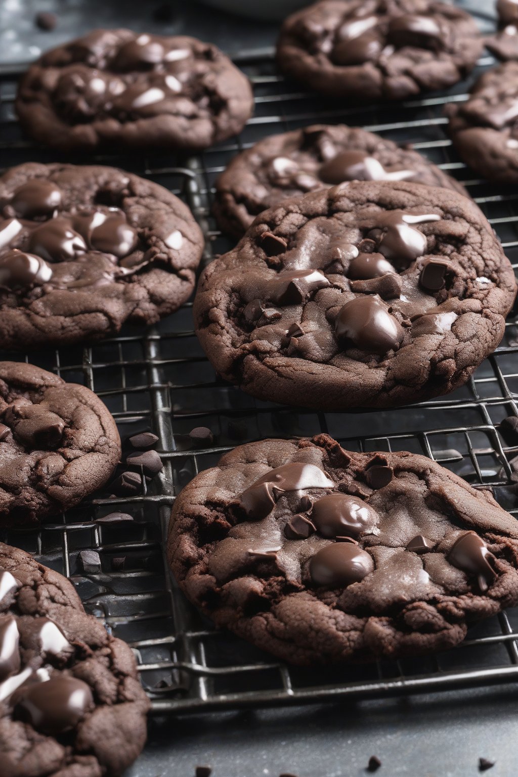 A high-resolution photo of double chocolate soft chocolate chip cookies with cracked tops and oozing chocolate, on a cooling rack, under soft lighting.