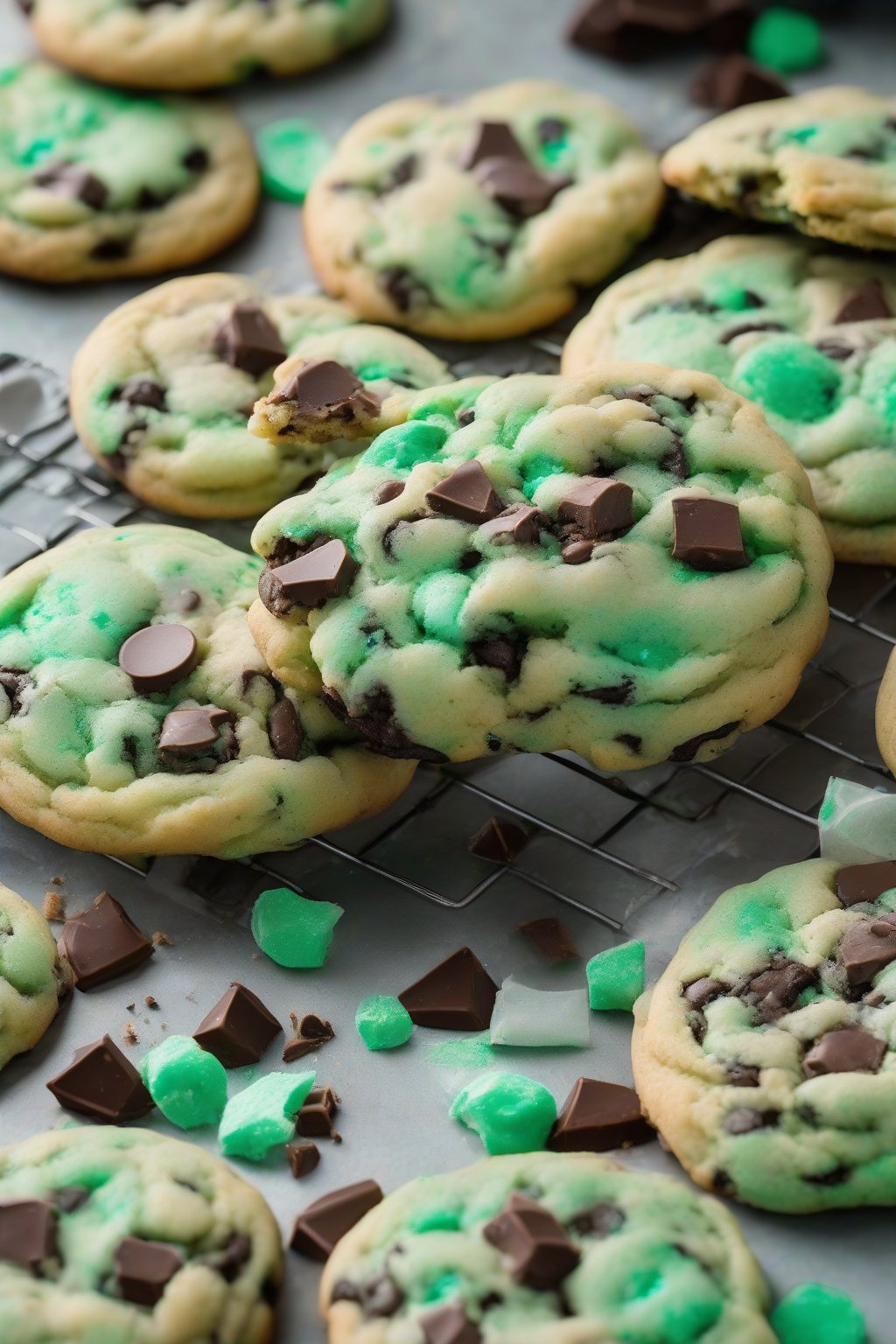 A high-resolution photo of mint chocolate chip soft cookies with vibrant green flecks and melty chips, arranged in a tin, under soft lighting.
