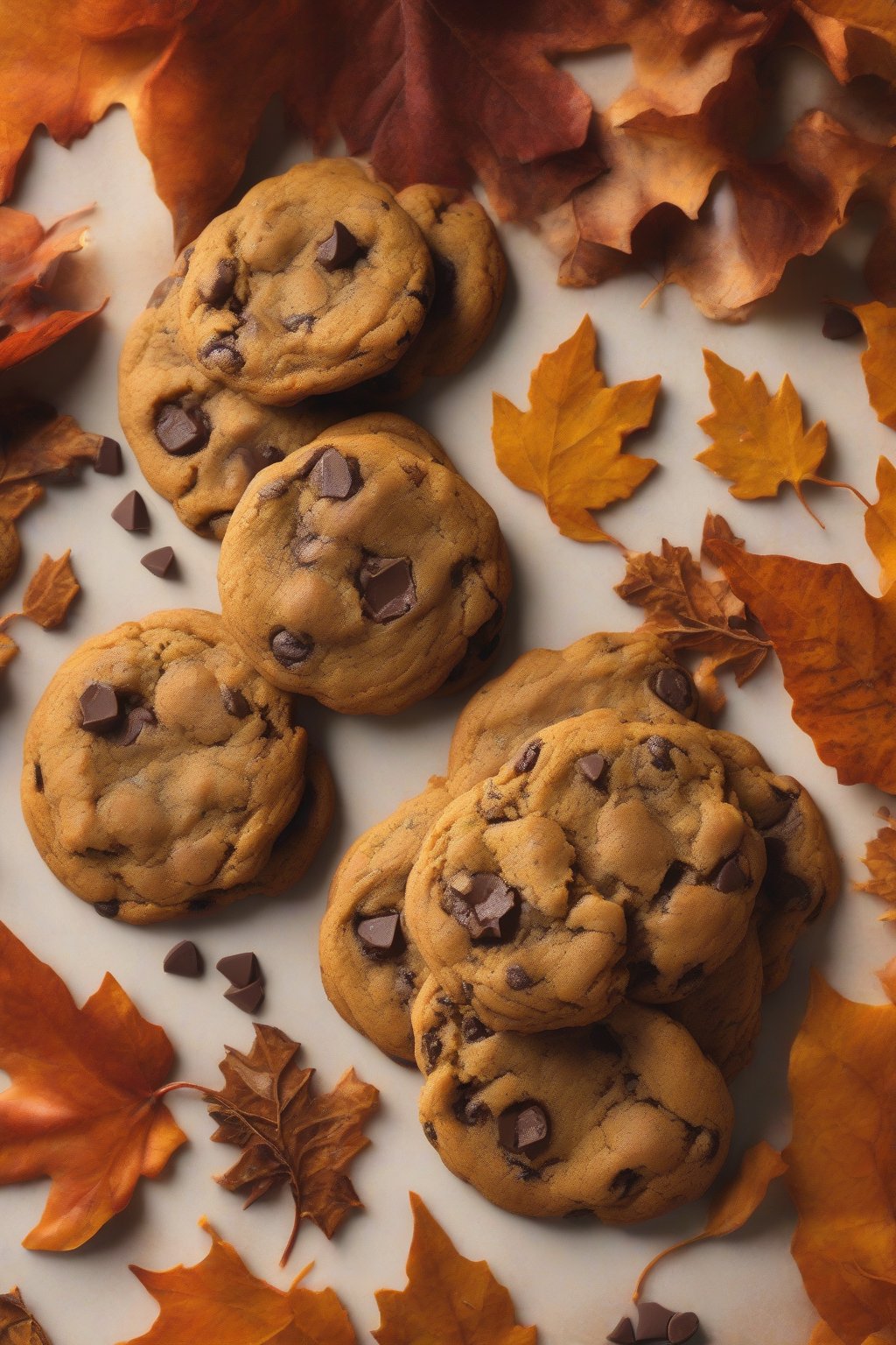A high-resolution photo of pumpkin spice soft chocolate chip cookies with warm orange hues and spice dusting, on autumn leaves, under soft lighting.