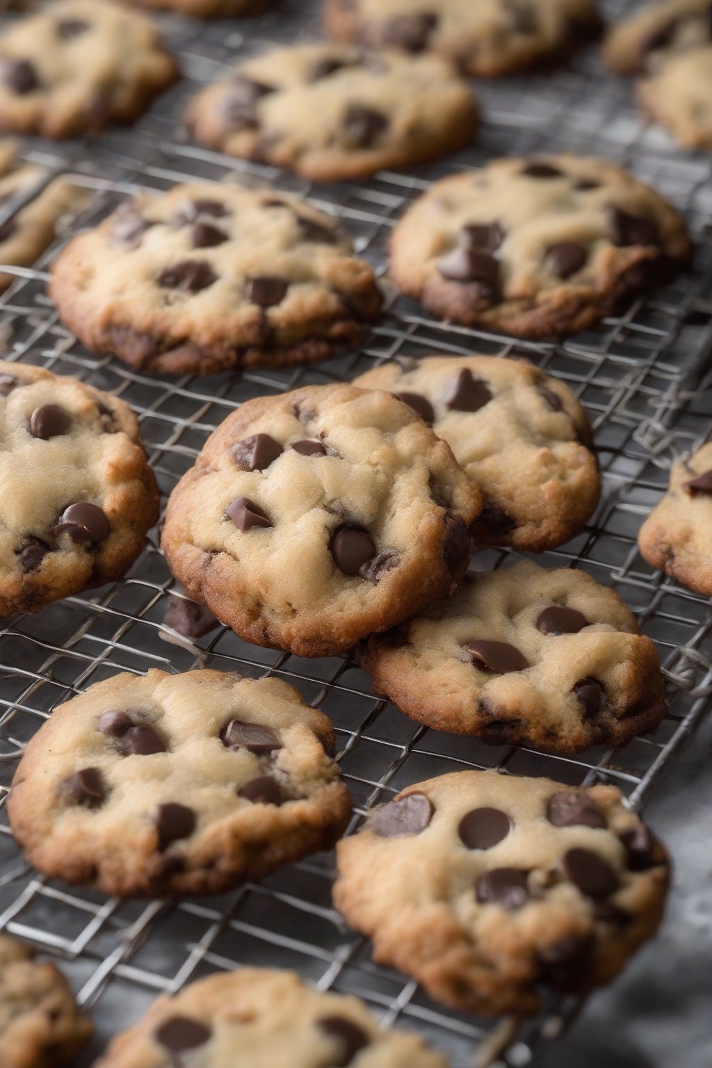 A high-resolution photo of almond flour keto soft chocolate chip cookies golden and plump on a wire rack, under soft lighting.