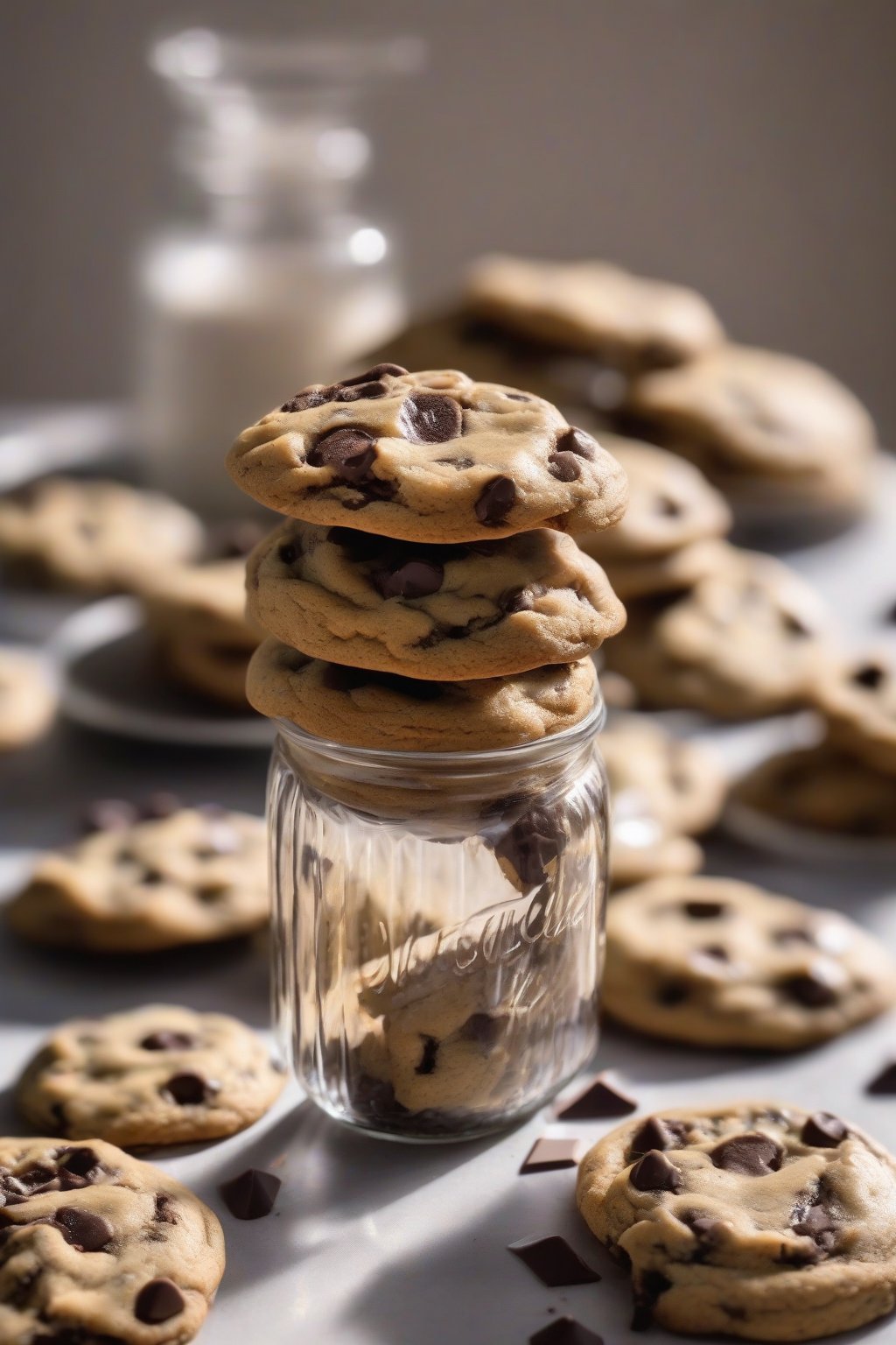 A high-resolution photo of vegan soft chocolate chip cookies with shiny tops and chip puddles, in a glass jar, under soft lighting.
