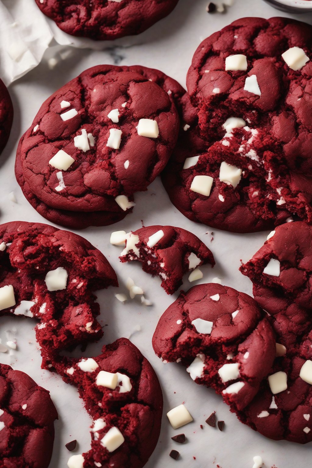 A high-resolution photo of red velvet soft chocolate chip cookies with vibrant red crumb and white chips, sliced in half, under soft lighting.