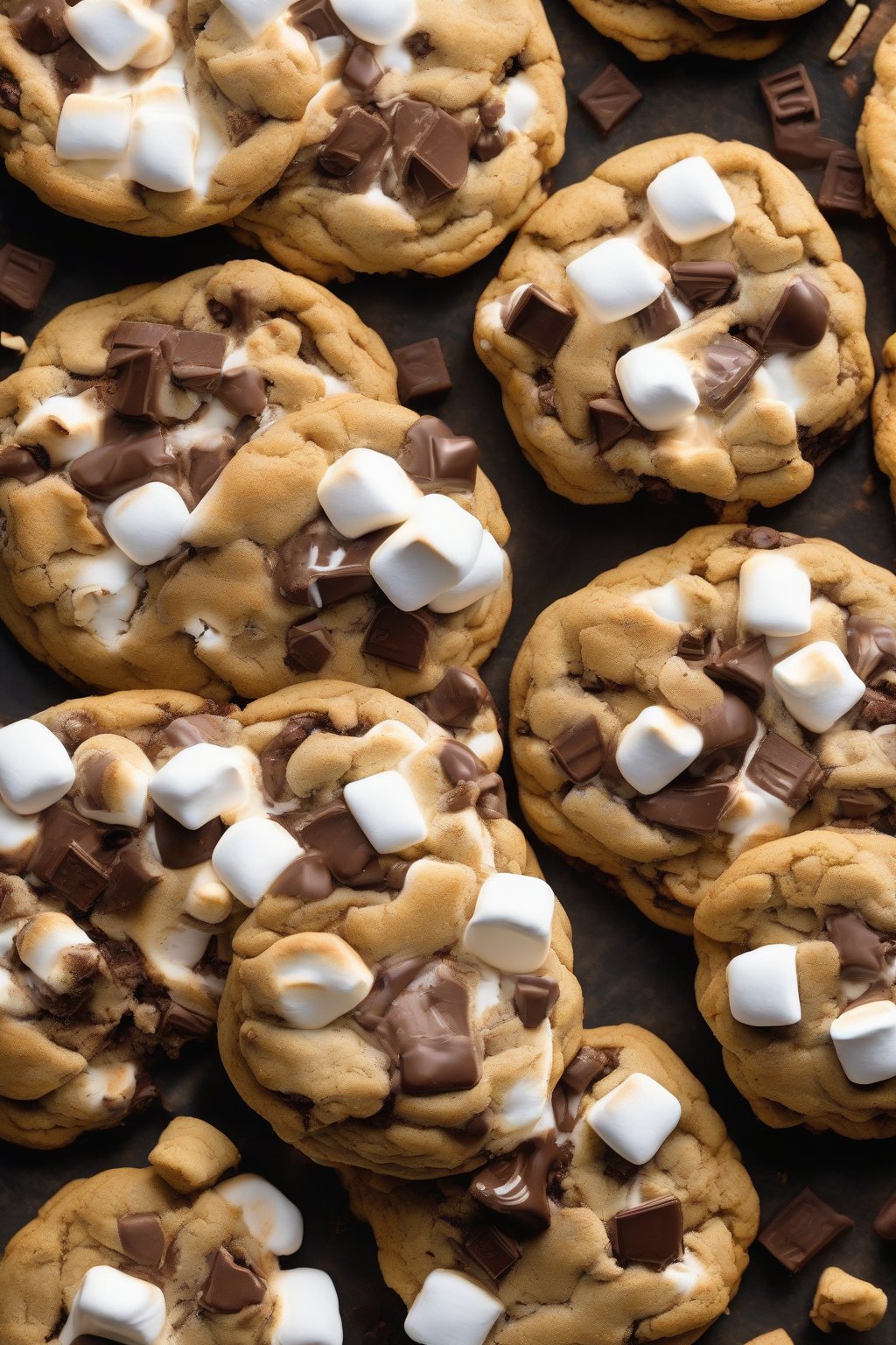 A high-resolution photo of s'mores soft chocolate chip cookies with toasted marshmallows and graham bits, oozing chocolate, under soft lighting.
