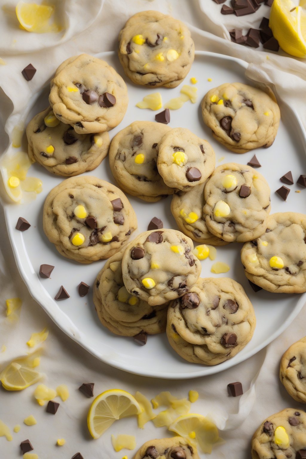 A high-resolution photo of lemon zest soft chocolate chip cookies with yellow flecks and white chips on a bright plate, under soft lighting.