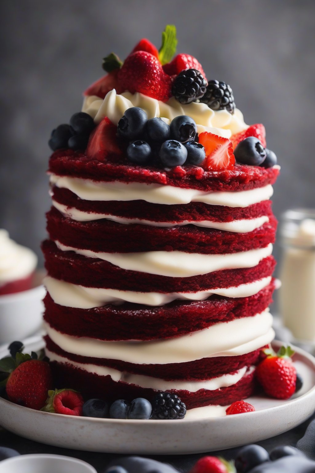 A high-resolution photo of stacked red velvet cake layers with smooth cream cheese frosting and fresh berries on top, under soft lighting.