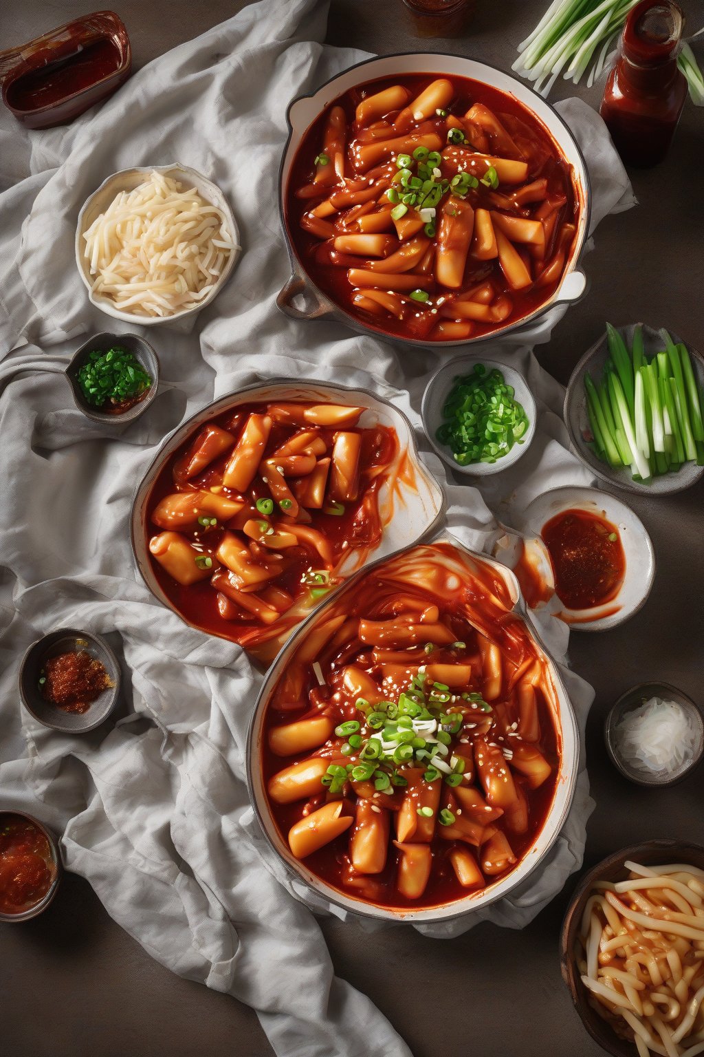 A high-resolution photo of fiery classic gochujang tteokbokki glistening in a red sauce, topped with green onions, under soft lighting.