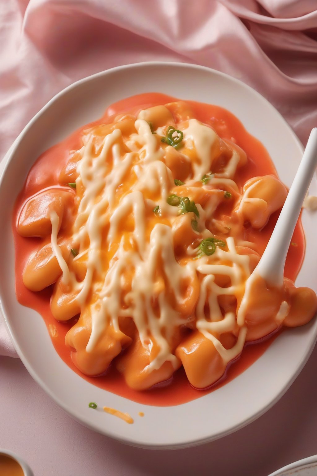 A close-up photo of creamy cheese rose tteokbokki with stretchy pink sauce and bubbly cheese, under soft lighting.