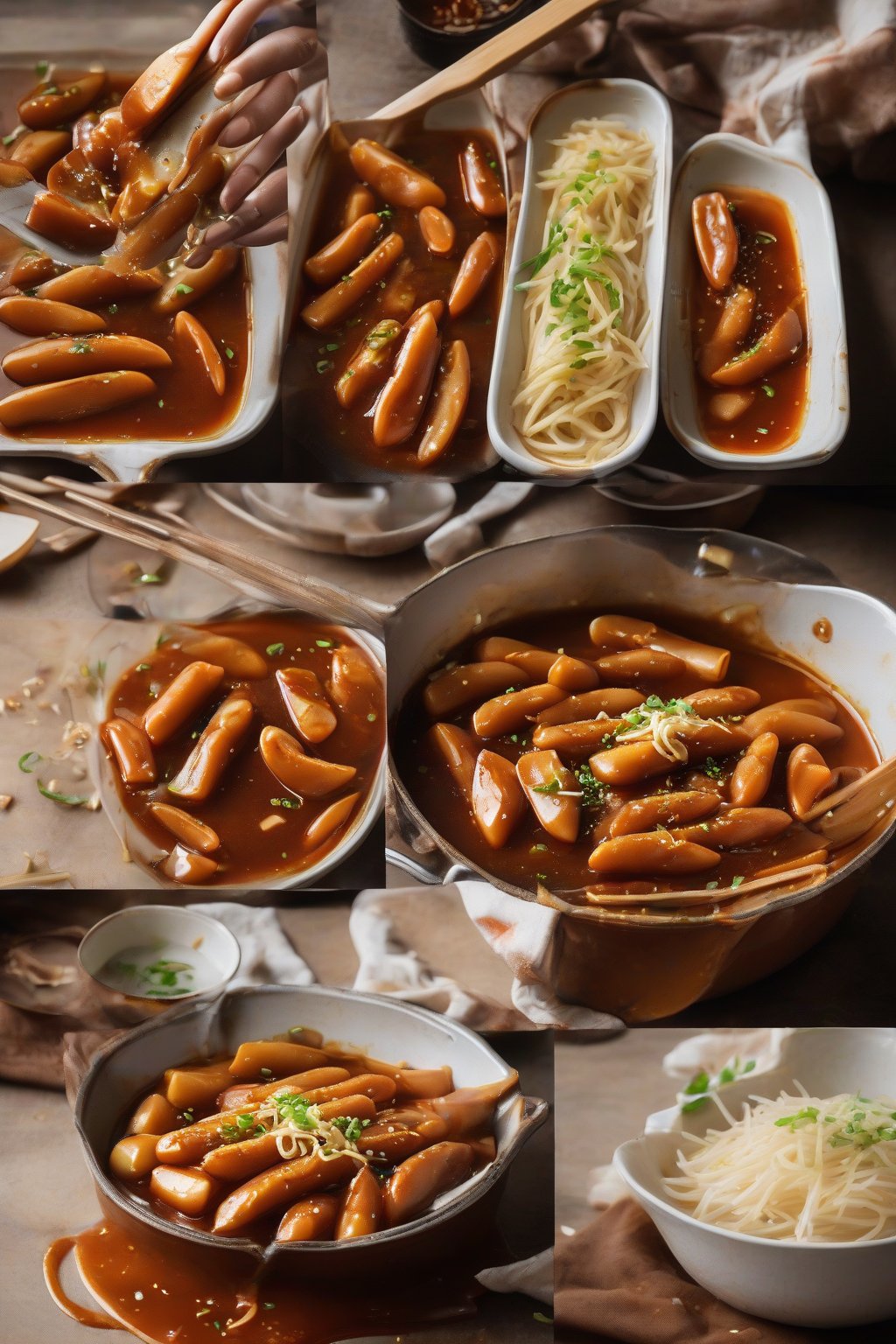 A high-resolution photo of garlic butter soy tteokbokki coated in glossy brown sauce with garlic flecks, under soft lighting.