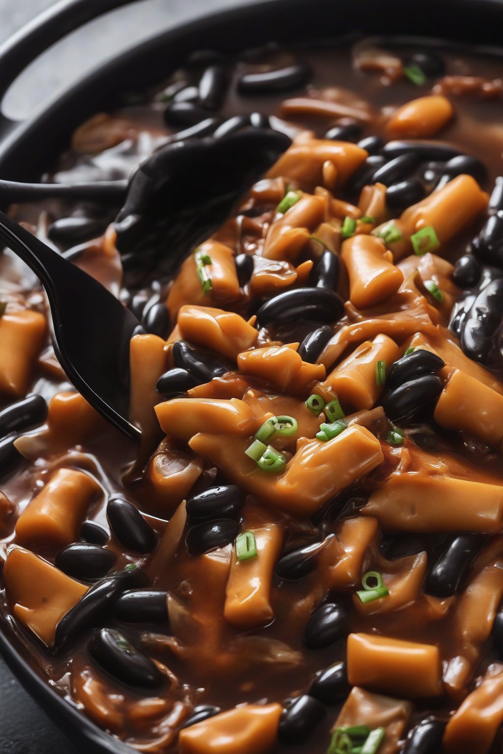 A close-up photo of jajang-style black bean tteokbokki in thick, shiny black sauce with onions, under soft lighting.
