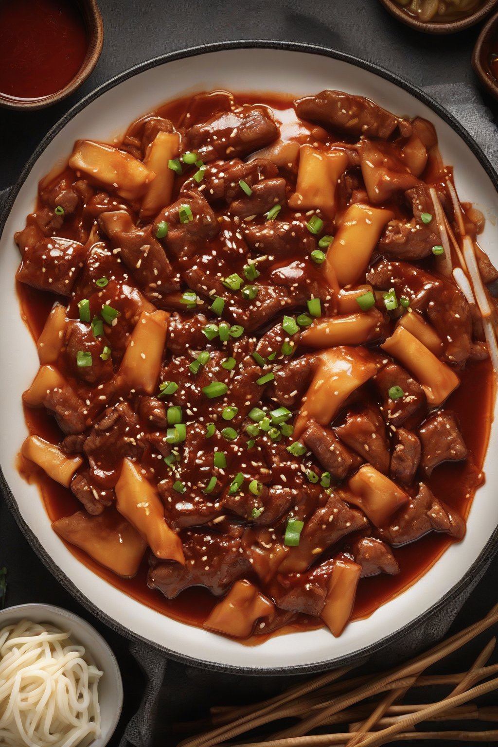 A high-resolution photo of bulgogi beef saucy tteokbokki with tender meat strips in red-brown sauce, under soft lighting.