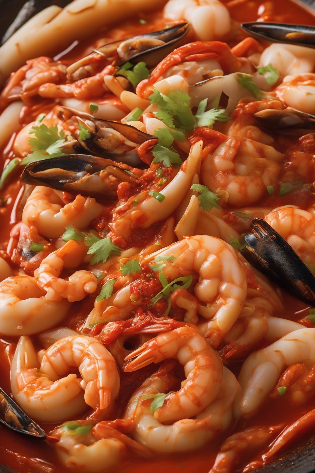 A close-up photo of seafood extravaganza tteokbokki piled with shrimp and squid in spicy red sauce, under soft lighting.