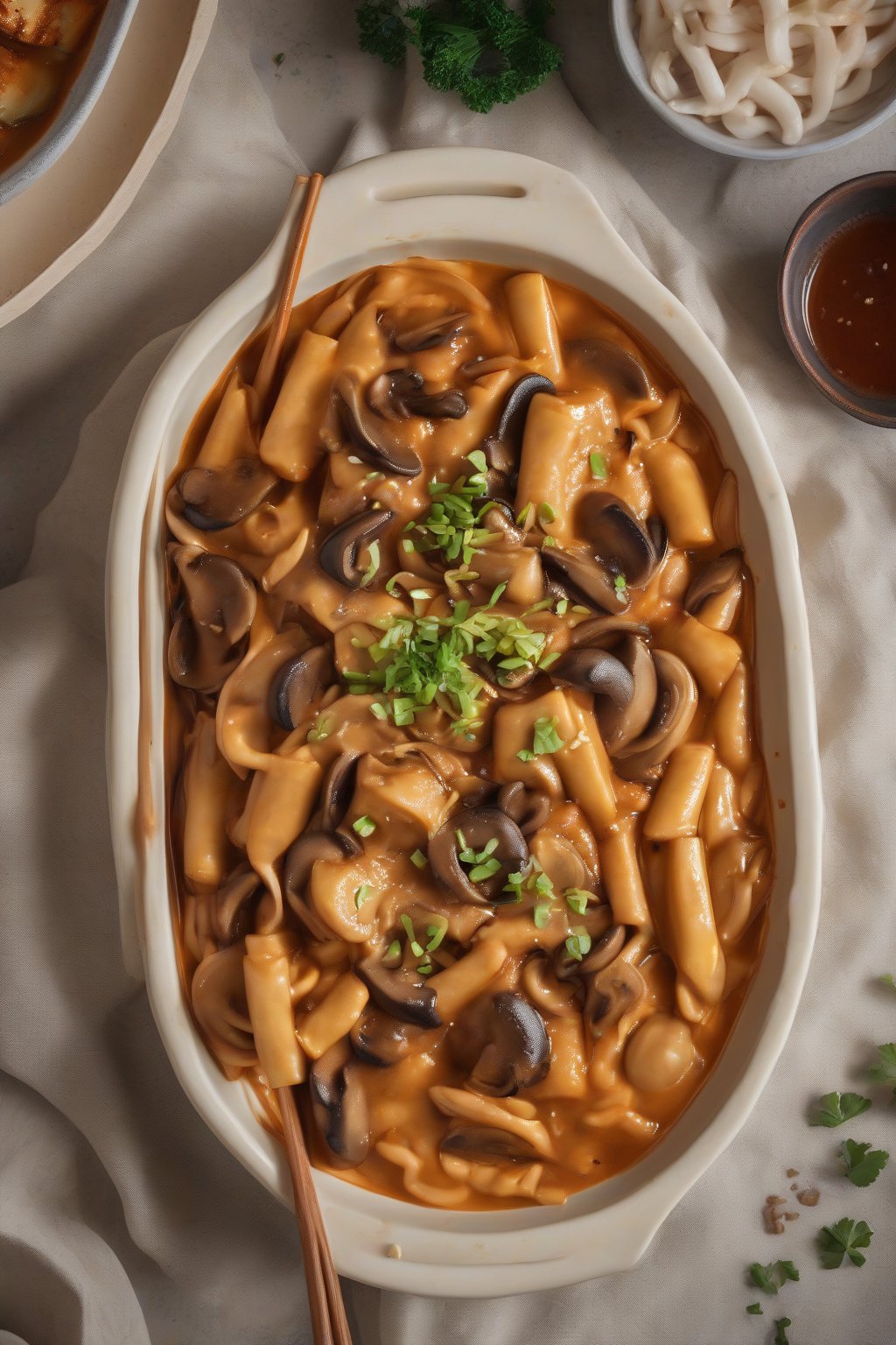 A high-resolution photo of vegan miso mushroom tteokbokki in creamy beige sauce with sliced mushrooms, under soft lighting.