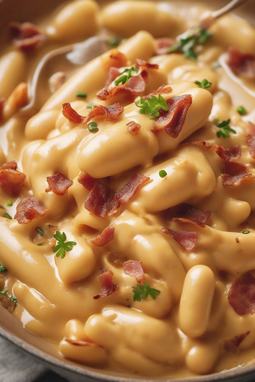 A close-up photo of carbonara cream tteokbokki with golden sauce and bacon bits, under soft lighting.