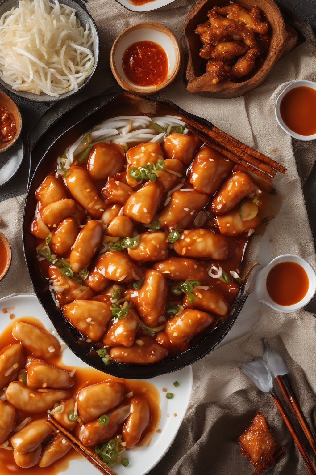 A high-resolution photo of honey hot chicken tteokbokki with crispy chicken in glossy orange sauce, under soft lighting.
