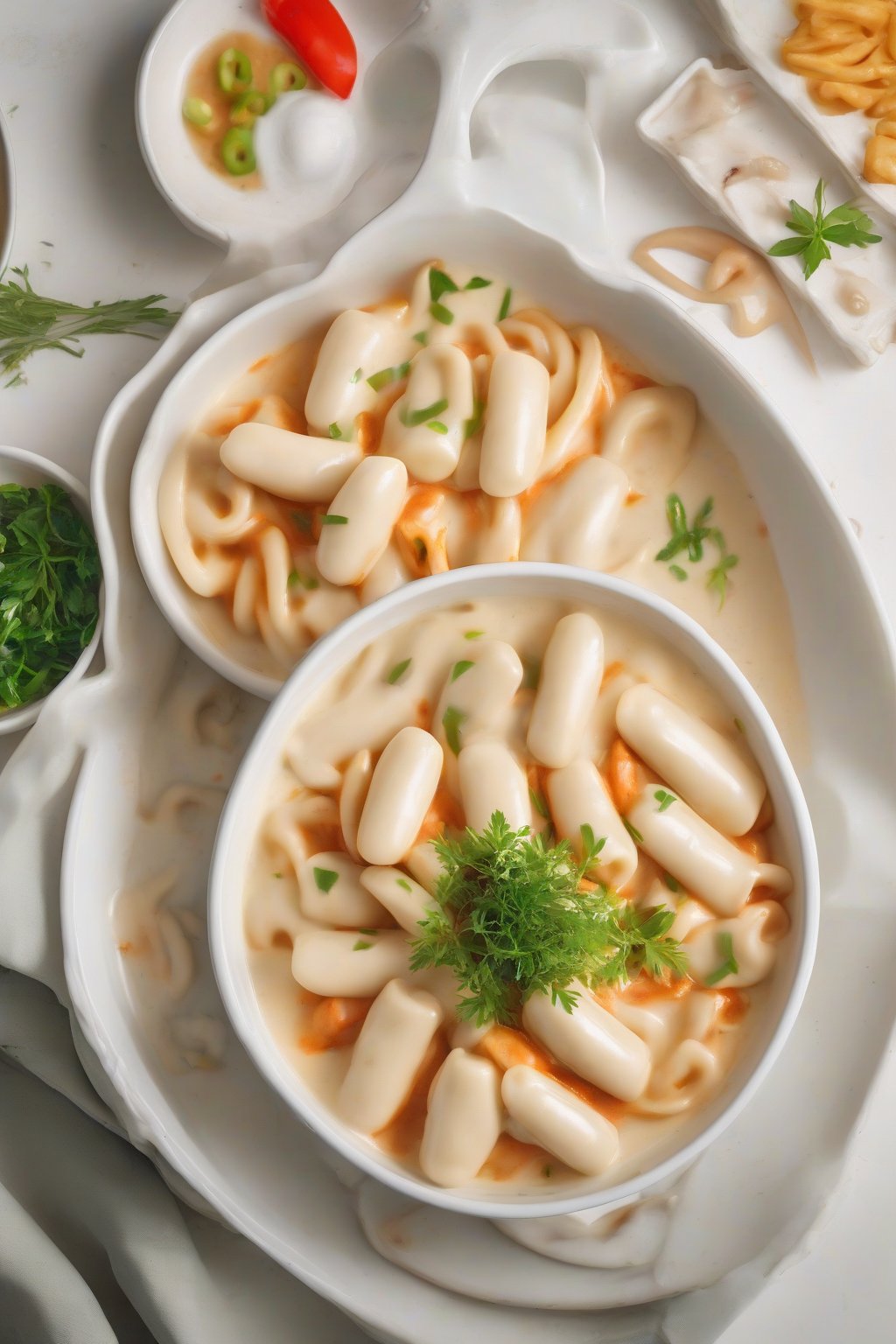 A close-up photo of alfredo white sauce tteokbokki swimming in creamy white sauce with herbs, under soft lighting.