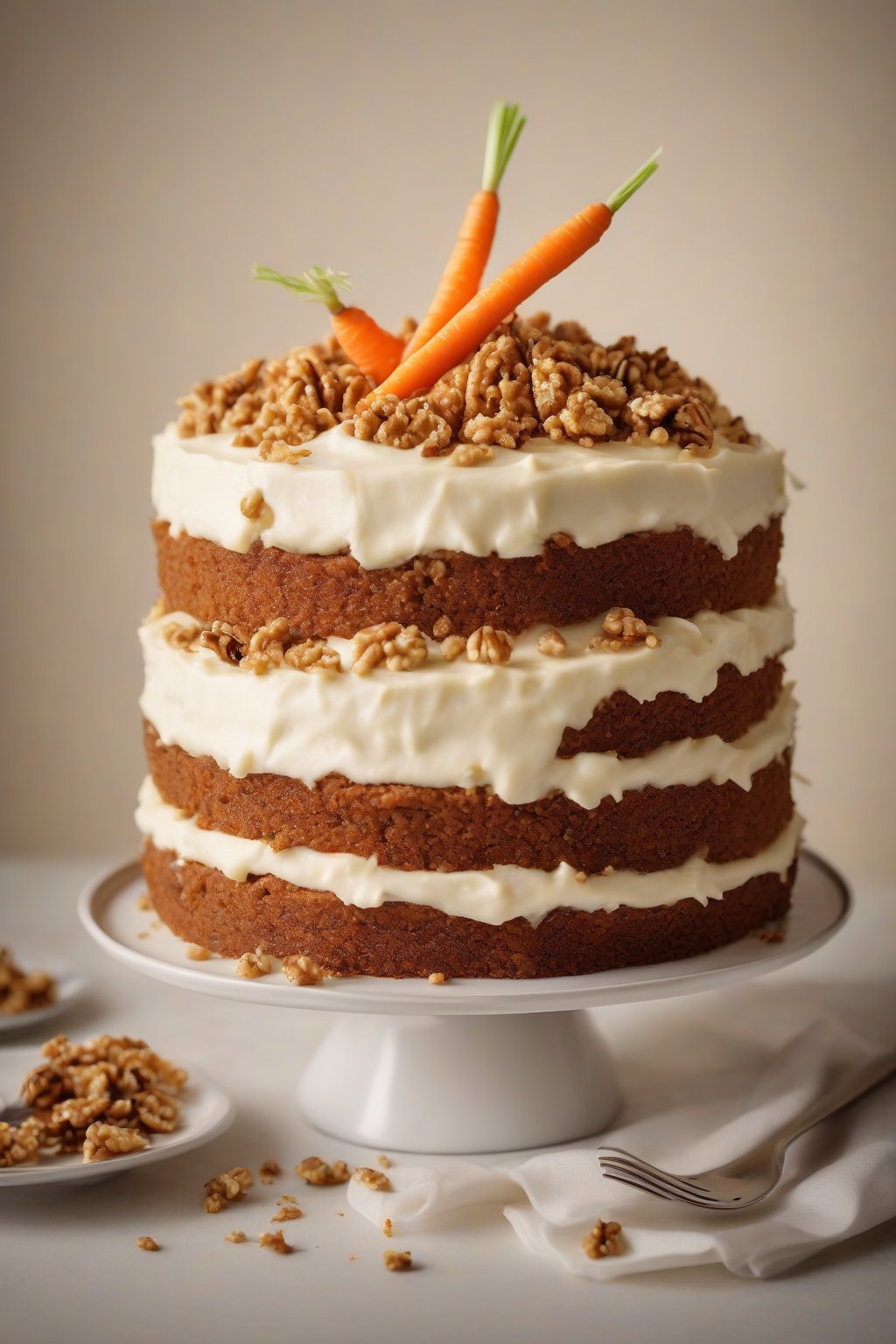 A high-resolution photo of a carrot cake with thick cream cheese frosting, chopped walnuts, and carrot curls garnish, under soft lighting.