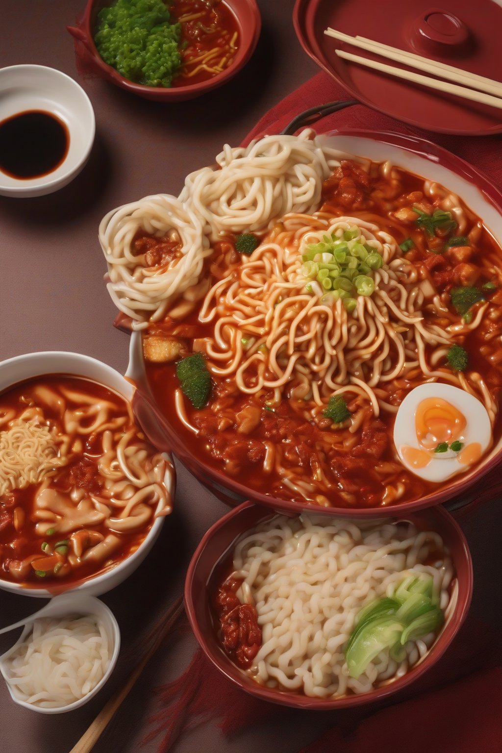 A high-resolution photo of ramen rabokki fusion with tangled noodles and rice cakes in red sauce, under soft lighting.