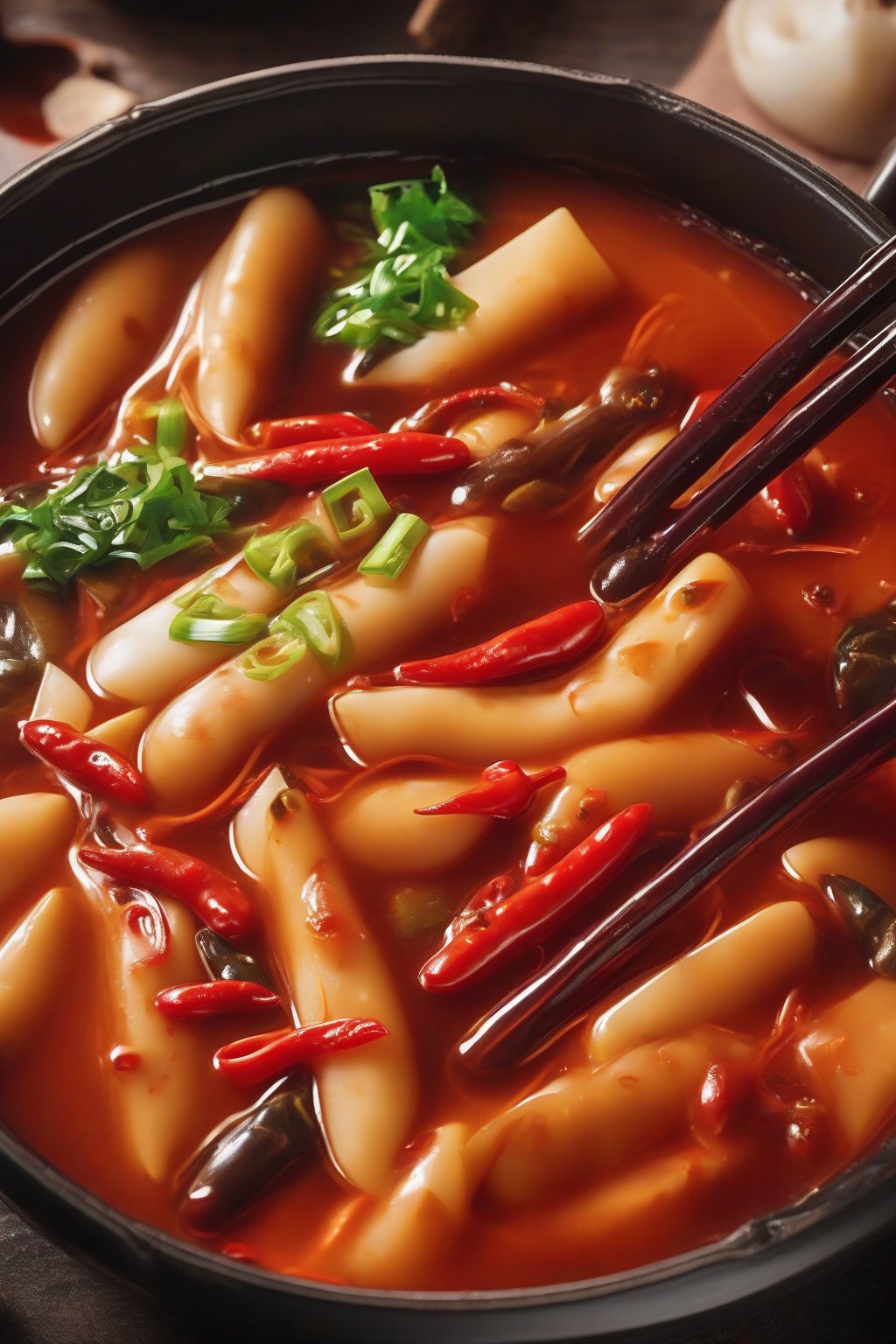A close-up photo of hot pot spicy broth tteokbokki with red oil slick and chilies, under soft lighting.