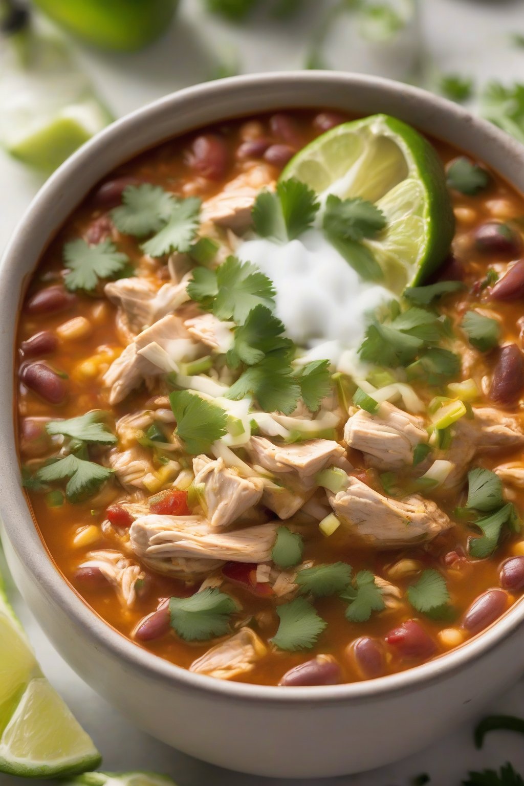 A high-resolution photo of a steaming bowl of classic jalapeño chicken chili topped with cilantro and lime, under soft lighting.