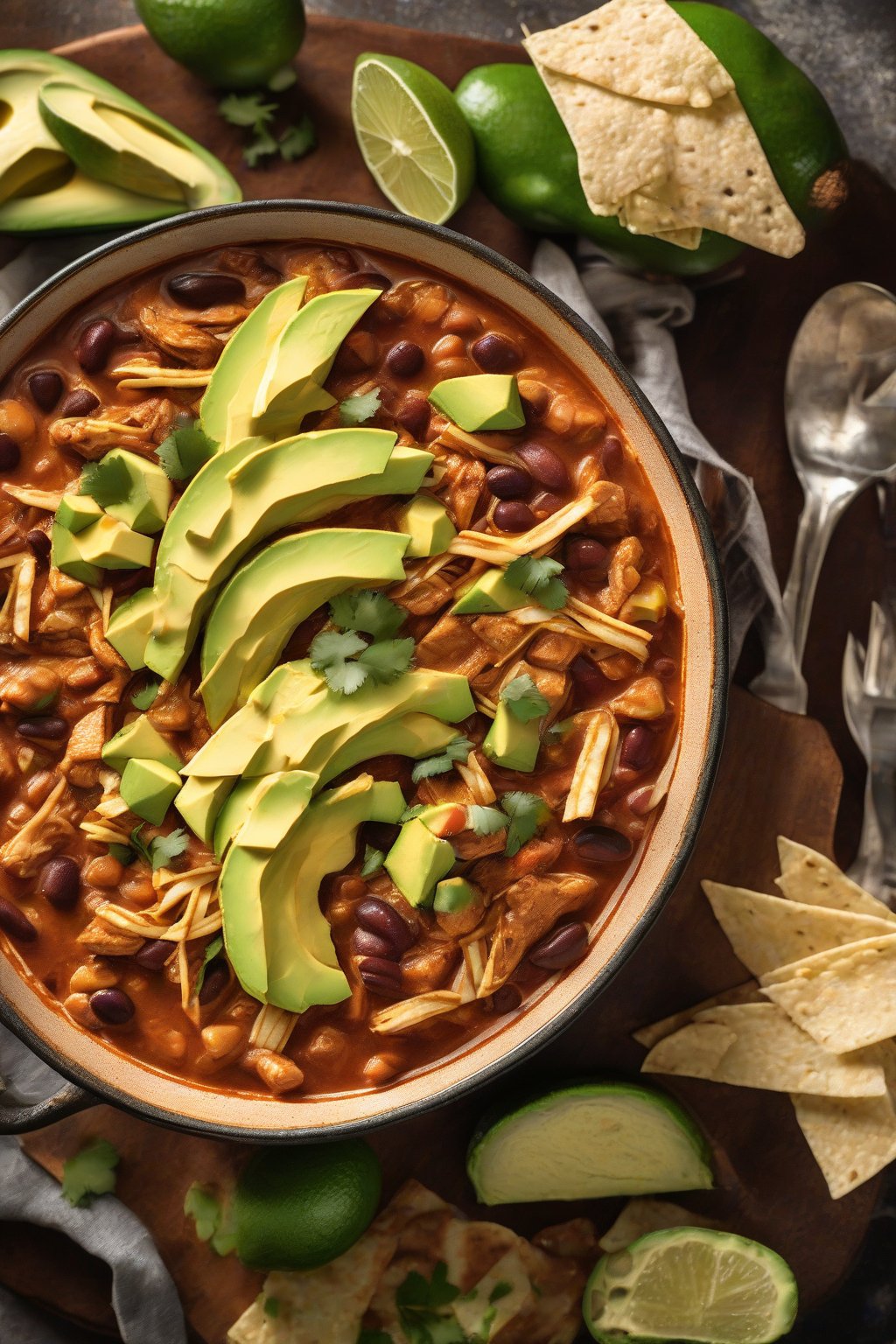 A high-resolution photo of smoky chipotle chicken chili garnished with avocado slices and tortilla strips, under soft lighting.