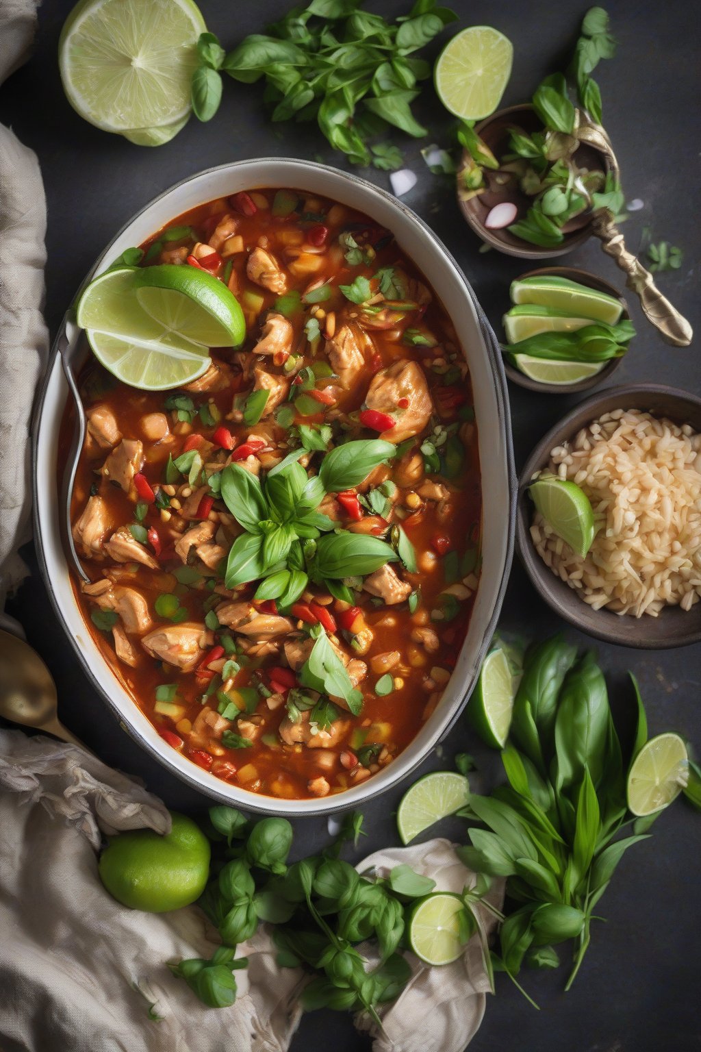 A high-resolution photo of Thai lemongrass chicken chili with fresh basil and lime zest, under soft lighting.