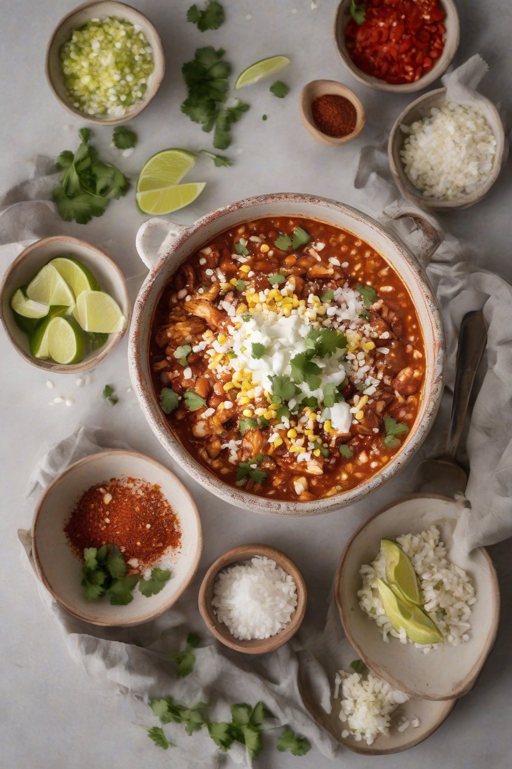 A high-resolution photo of elote chicken chili topped with cotija, cilantro, and chili powder, under soft lighting.