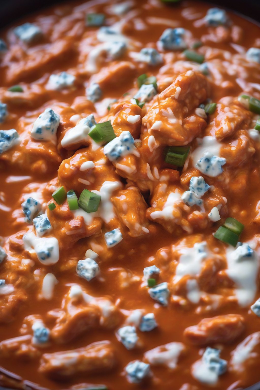 A high-resolution photo of buffalo chicken chili drizzled with ranch and sprinkled with blue cheese, under soft lighting.