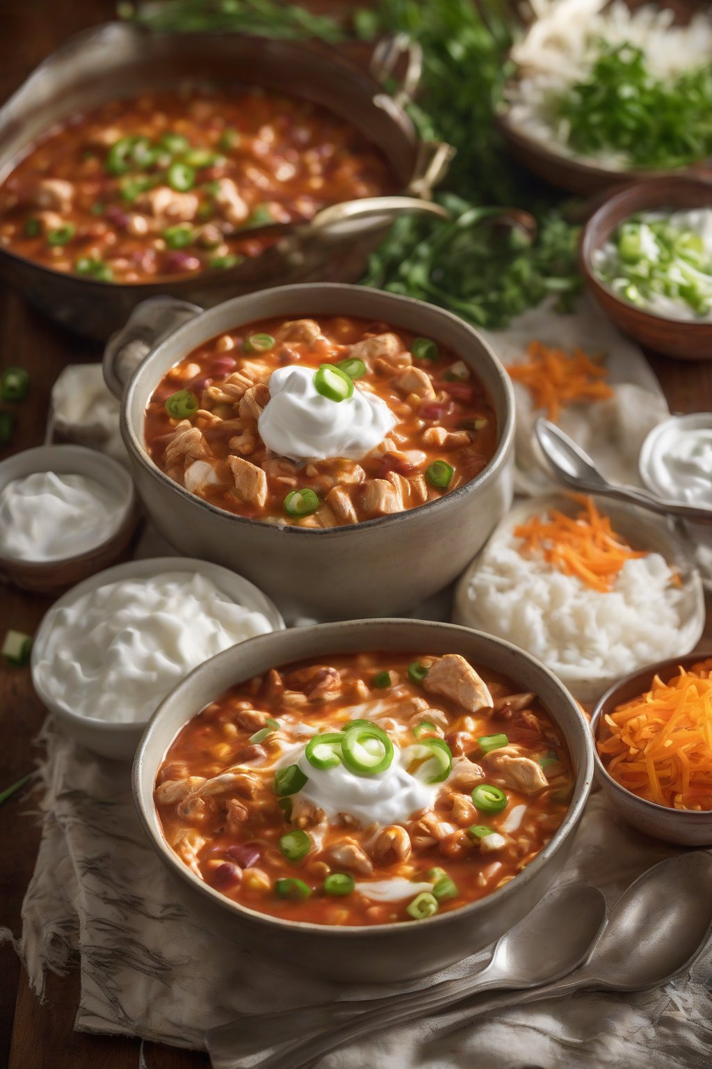 A high-resolution photo of habanero chicken chili with a swirl of sour cream and green onions, under soft lighting.