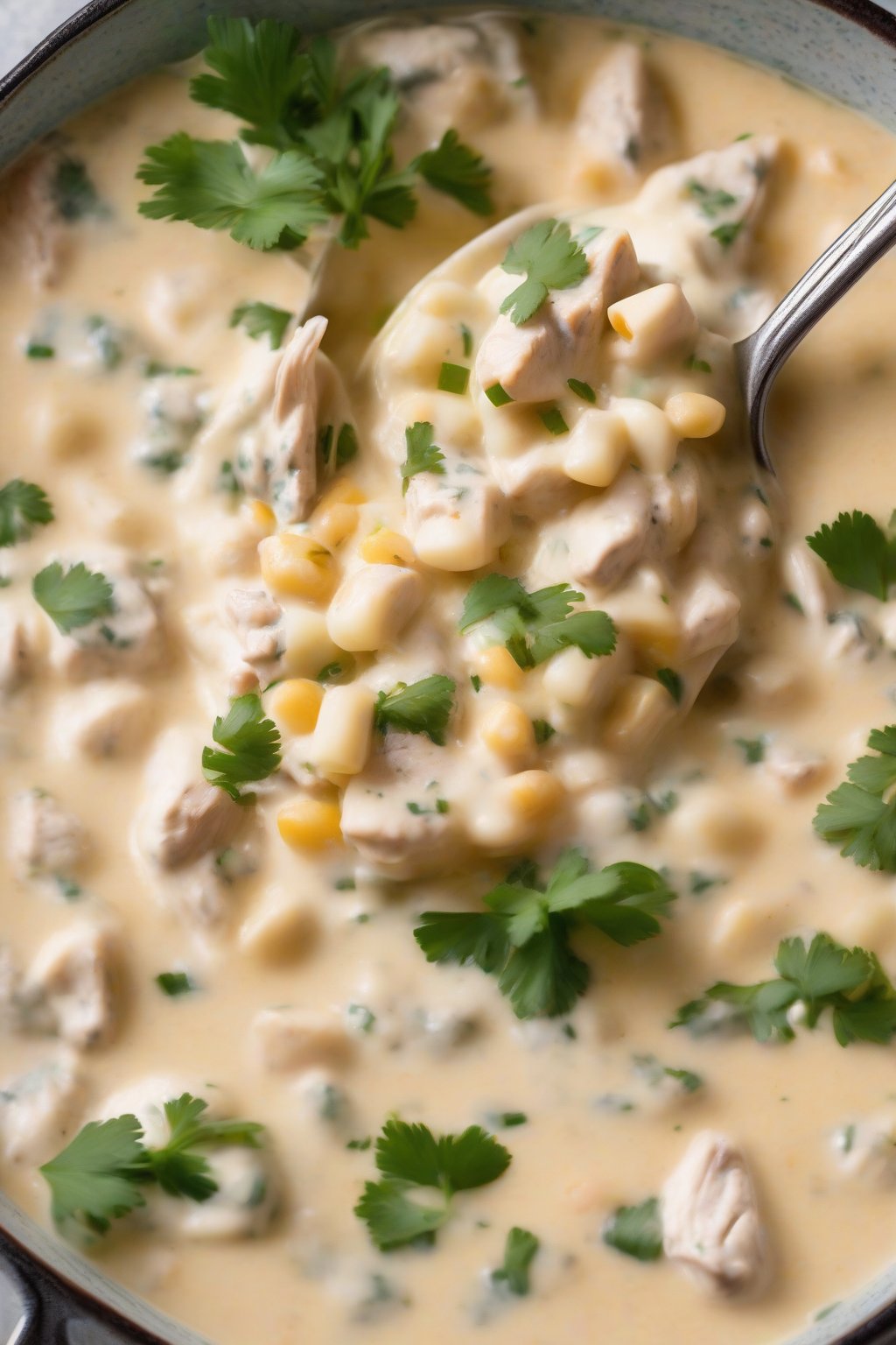 A high-resolution photo of creamy white chicken chili topped with Monterey Jack and cilantro, under soft lighting.