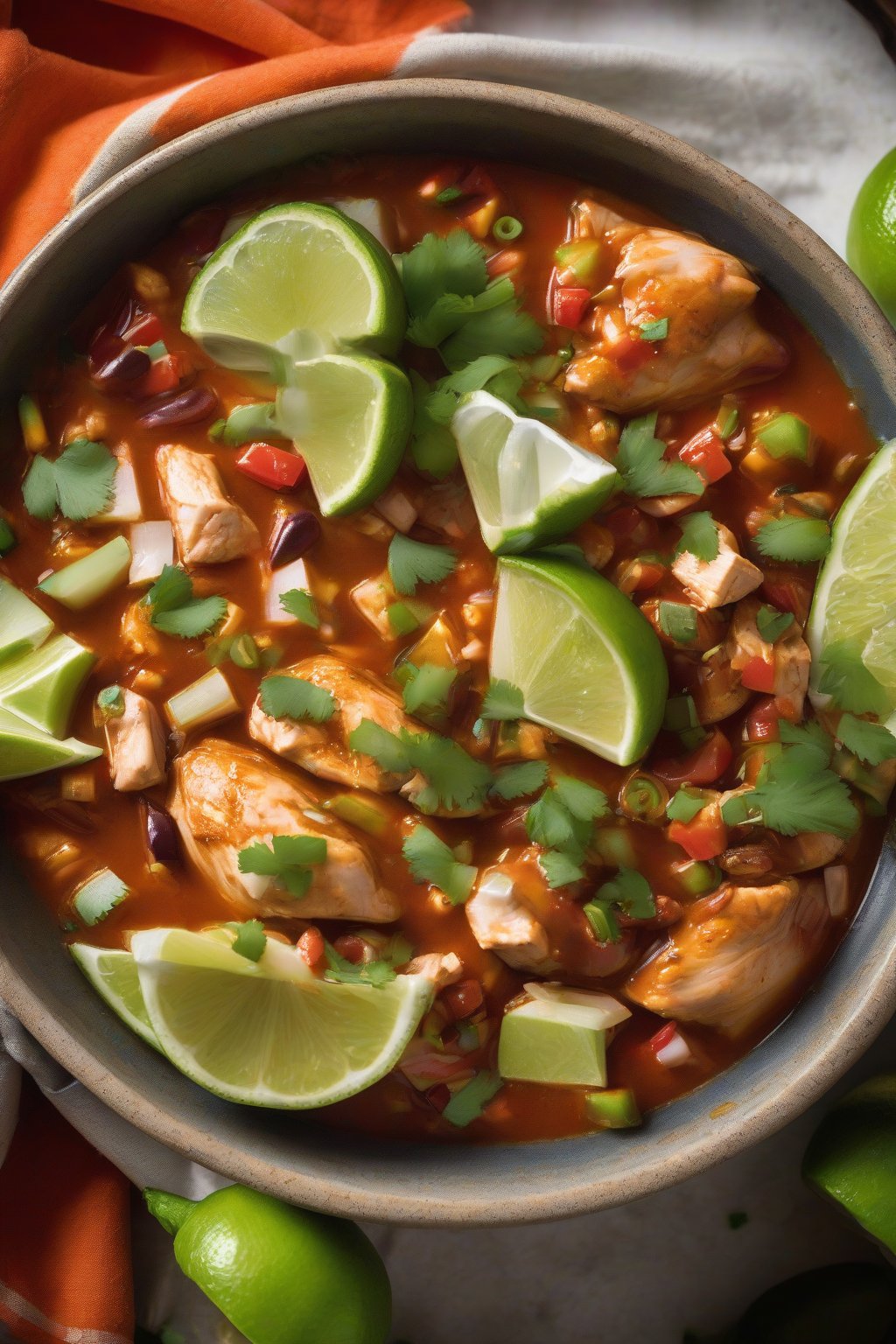 A high-resolution photo of sriracha lime chicken chili garnished with lime wedges and scallions, under soft lighting.