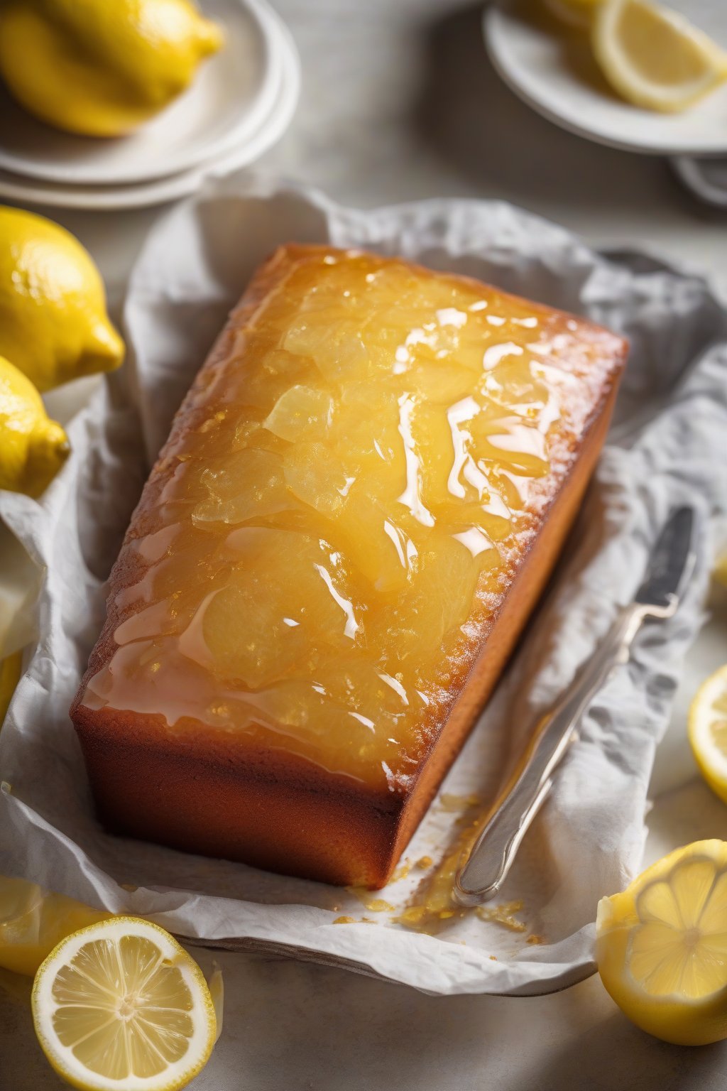A high-resolution photo of a golden lemon drizzle cake loaf sliced, glistening with syrup and lemon slices, under soft lighting.