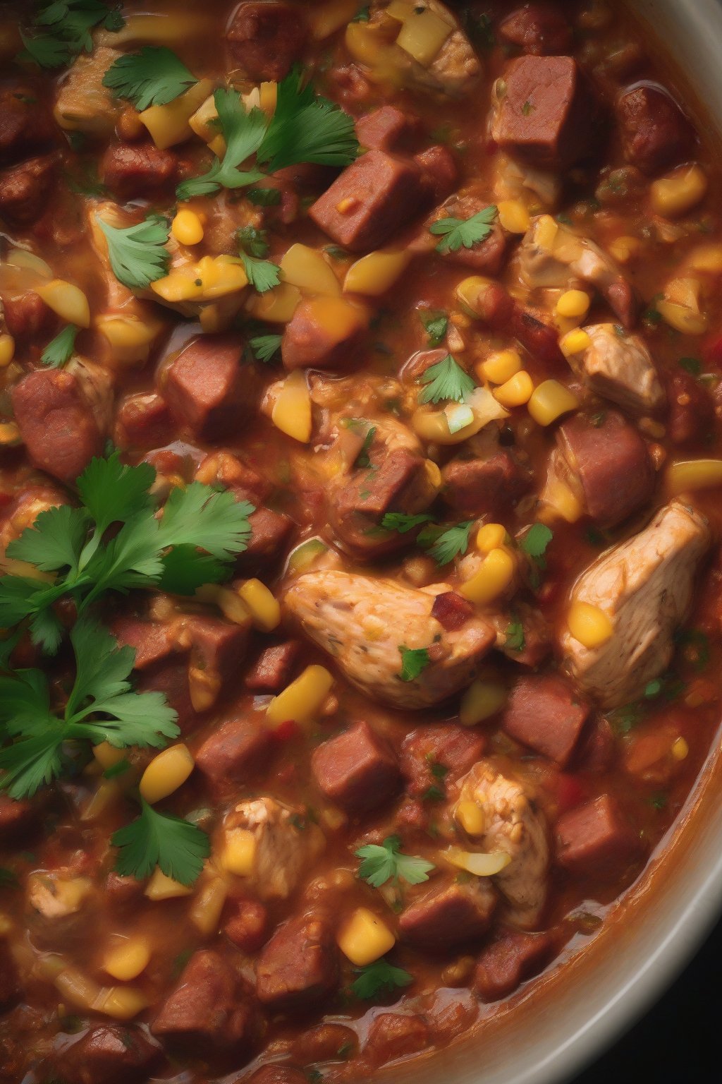 A high-resolution photo of Cajun chicken chili with sausage slices and parsley, under soft lighting.