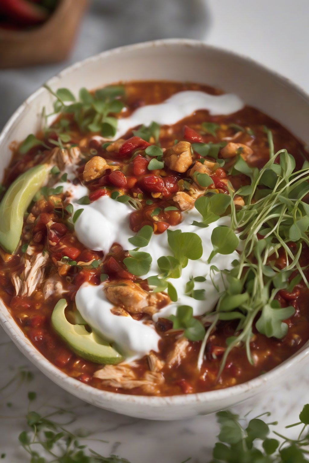 A high-resolution photo of ghost pepper chicken chili with a dollop of yogurt and microgreens, under soft lighting.