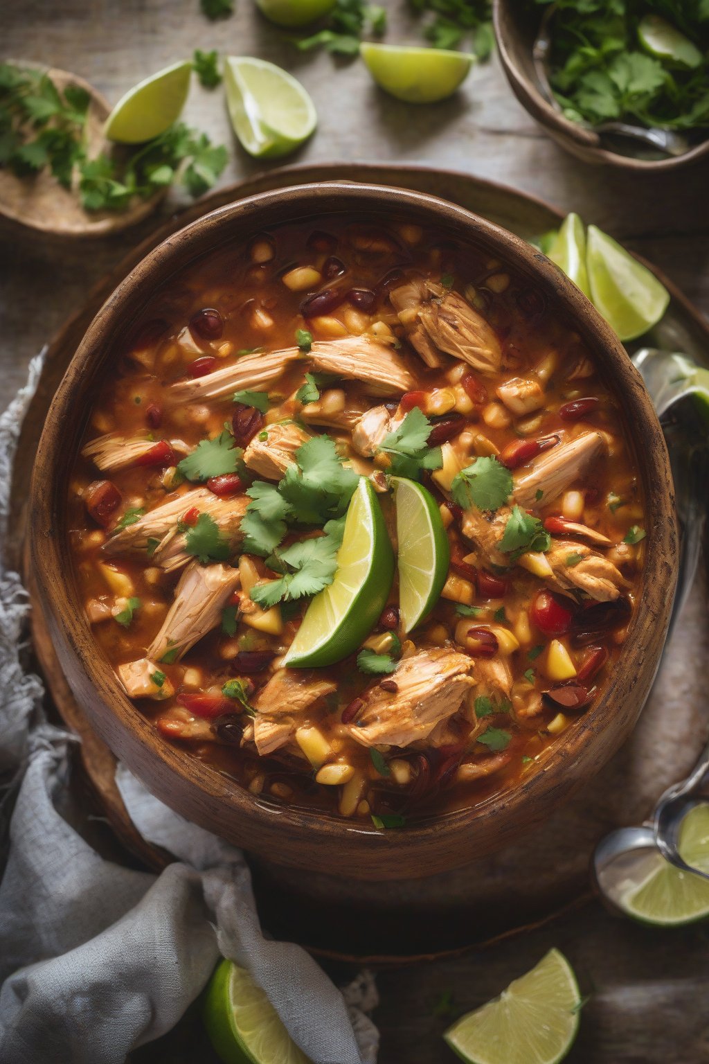 A high-resolution photo of beer-braised chicken chili in a rustic bowl with lime, under soft lighting.