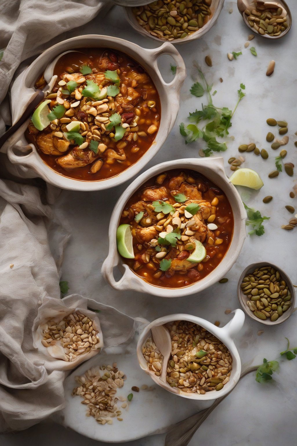 A high-resolution photo of maple sweet heat chicken chili topped with pepitas and maple drizzle, under soft lighting.