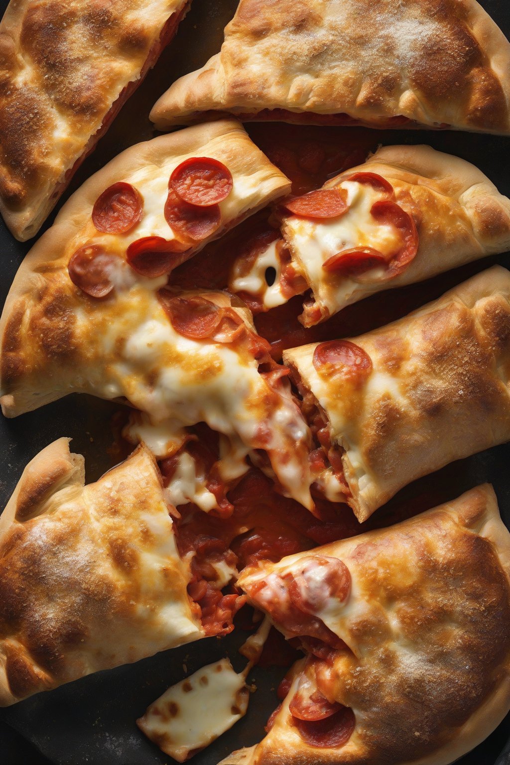 A high-resolution photo of a golden-baked pepperoni and mozzarella calzone sliced open to reveal gooey cheese and pepperoni slices, under soft lighting.