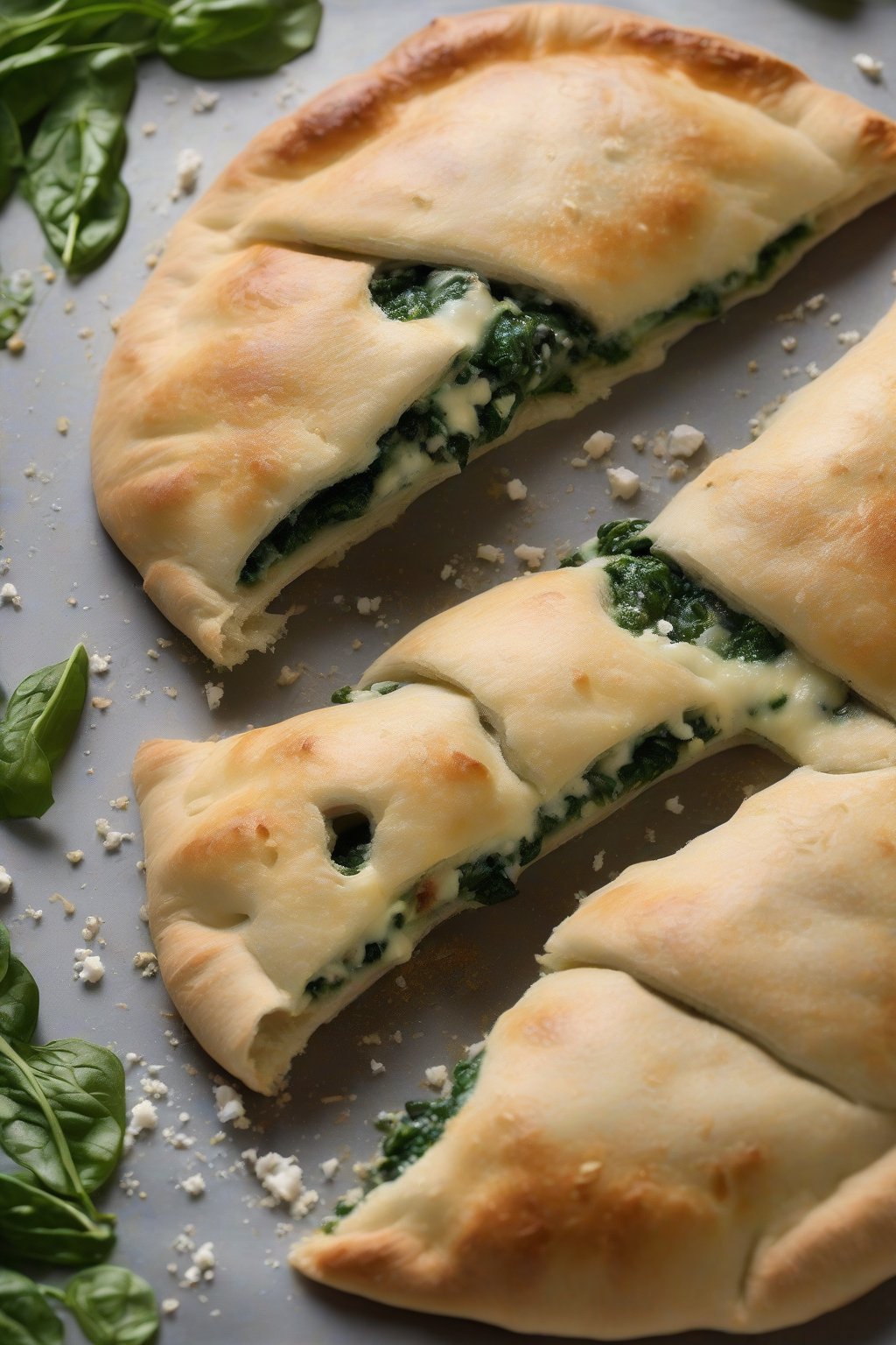 A high-resolution photo of a spinach and feta calzone with steam rising from a top slash, showing green flecks and crumbly cheese inside, under soft lighting.