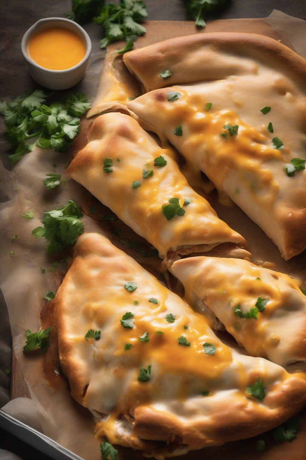 A high-resolution photo of a BBQ chicken calzone oozing tangy sauce and melted cheddar upon slicing, garnished with cilantro, under soft lighting.