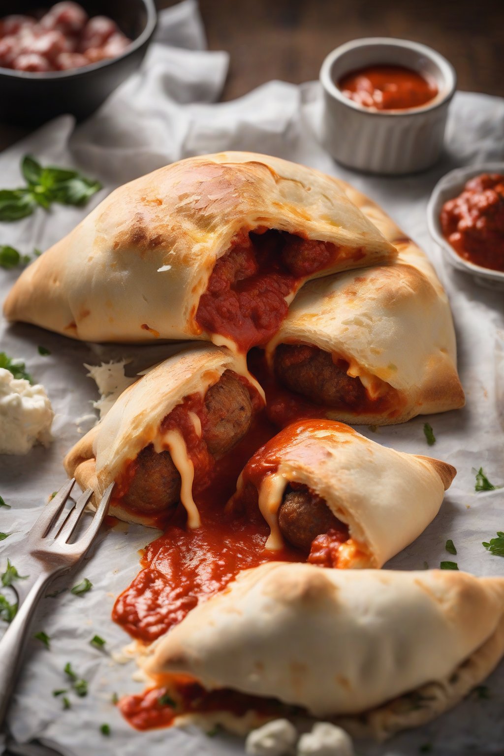 A high-resolution photo of a meatball marinara calzone cut open with sauce spilling out around plump meatballs and cheese, under soft lighting.