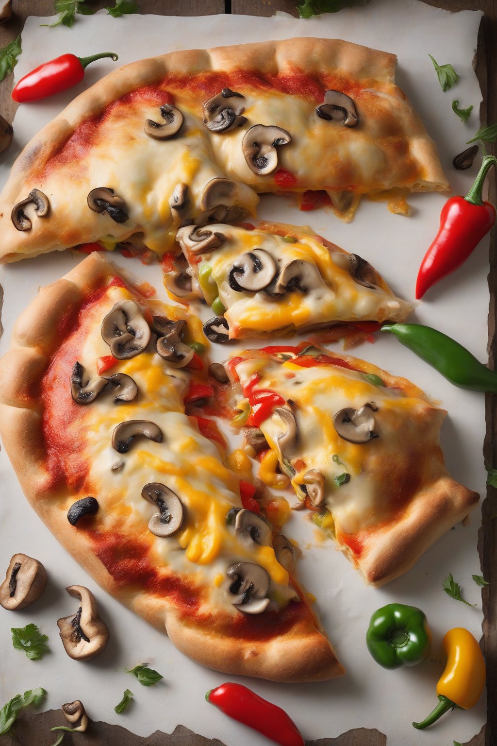 A high-resolution photo of a colorful veggie supreme calzone sliced to show vibrant peppers, mushrooms, and melted cheese, under soft lighting.
