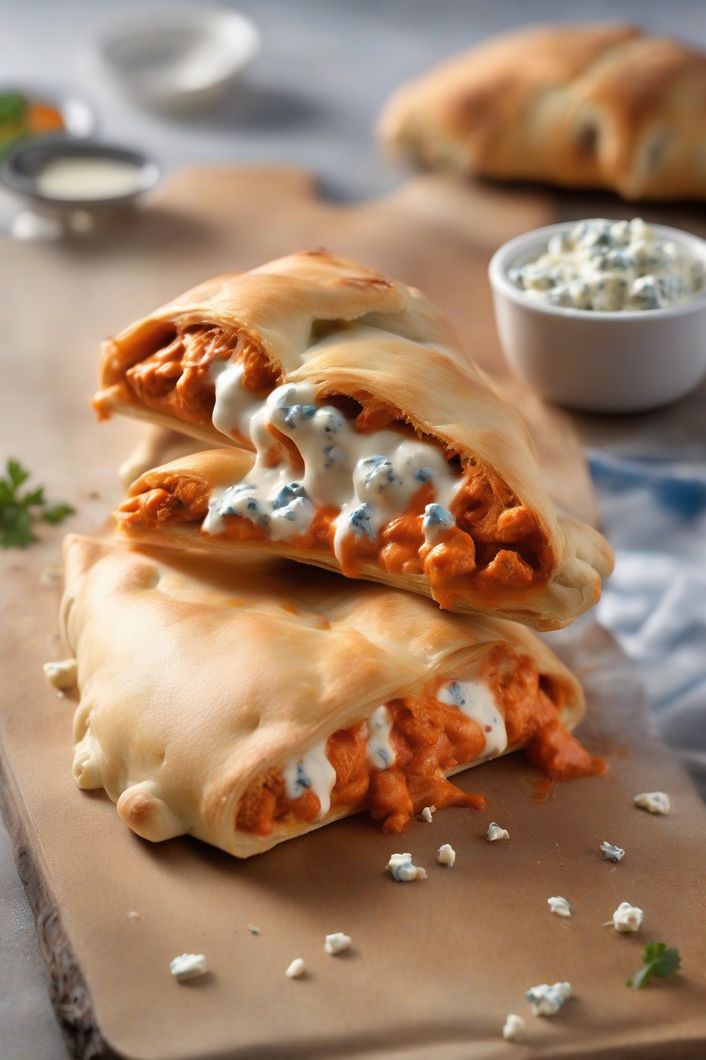 A high-resolution photo of a buffalo chicken calzone with fiery sauce and blue cheese streaks visible inside, under soft lighting.