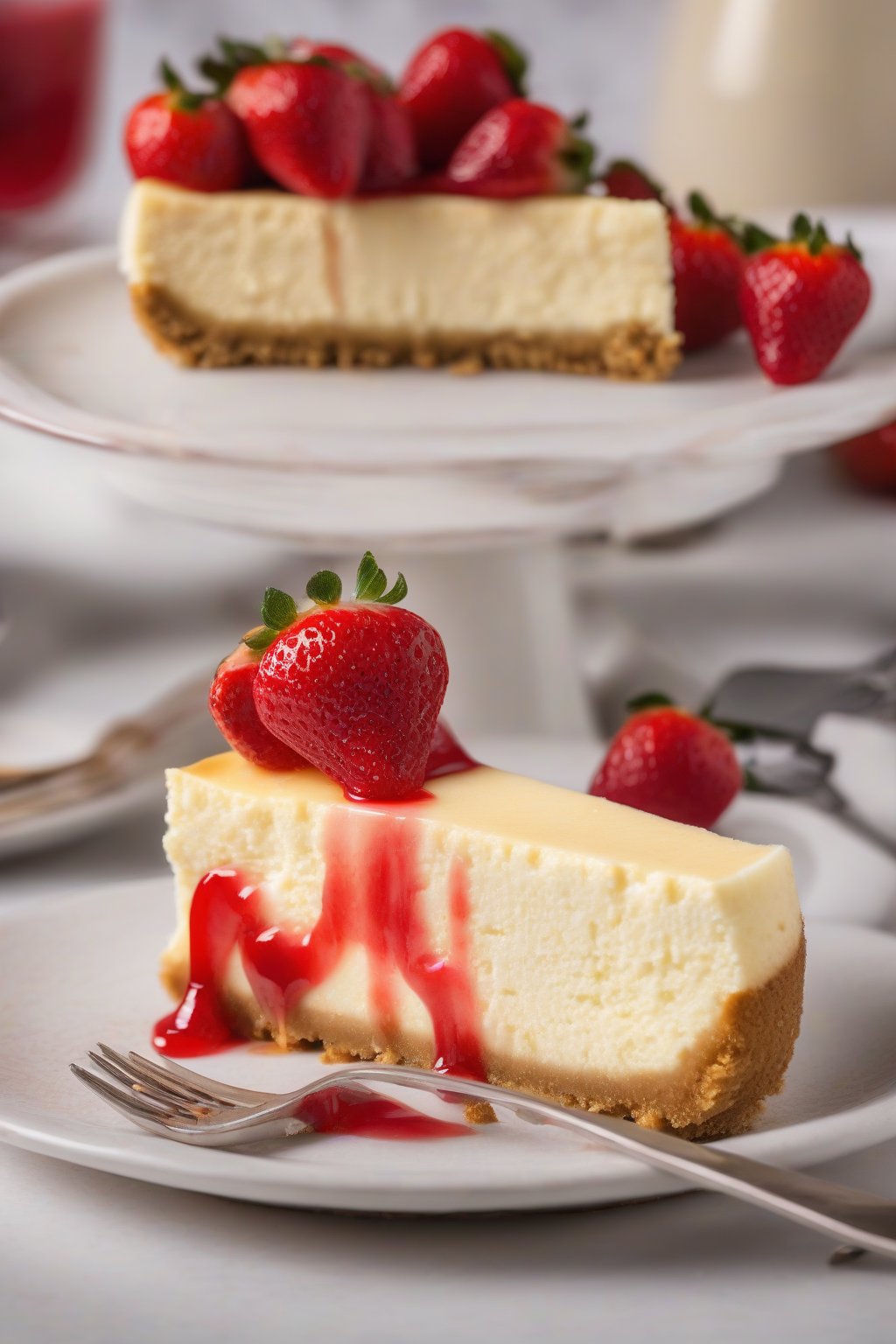 A high-resolution photo of a whole New York cheesecake on a graham cracker crust with strawberry topping, cracked surface smooth, under soft lighting.