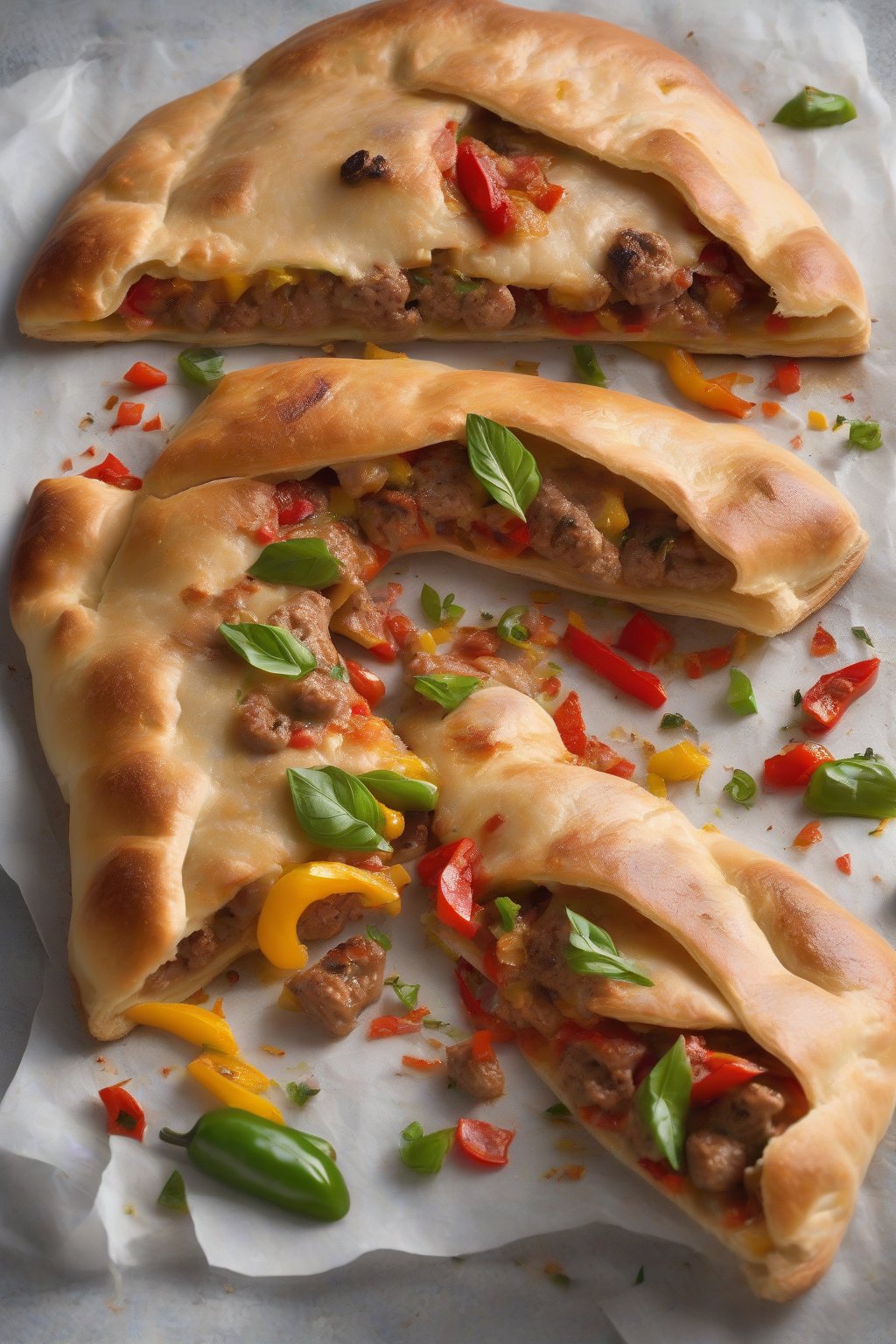 A high-resolution photo of an Italian sausage and pepper calzone revealing caramelized peppers and juicy sausage chunks, under soft lighting.