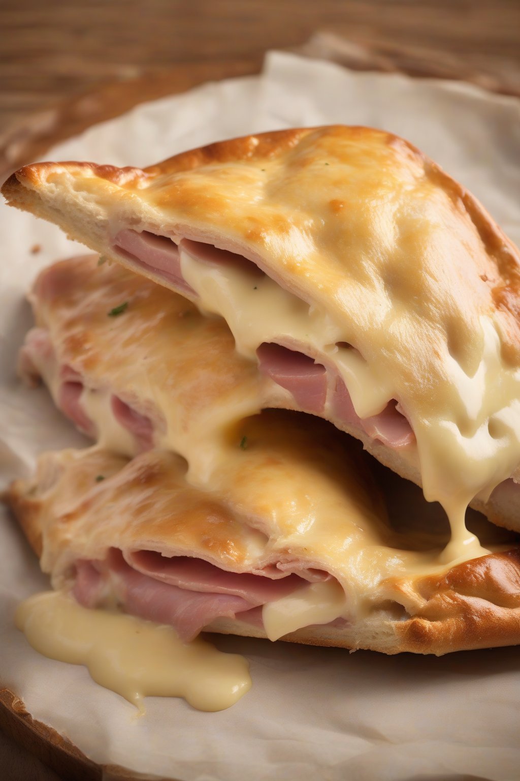 A high-resolution photo of a ham and Swiss calzone oozing cheese with a mustard glaze shine, under soft lighting.