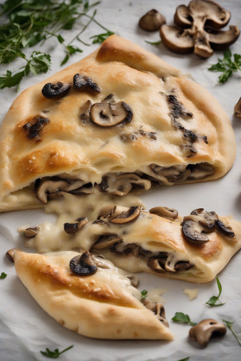 A high-resolution photo of a mushroom and ricotta calzone sliced to expose creamy filling and browned mushrooms, under soft lighting.