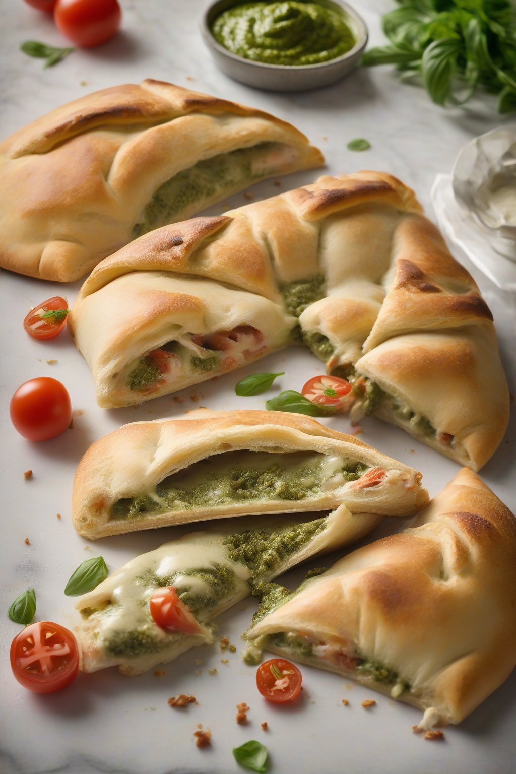 A high-resolution photo of a pesto chicken calzone with green pesto swirls and tomato bits peeking out, under soft lighting.